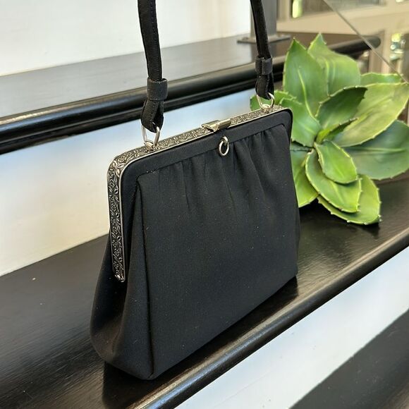 L and M vintage-look like new evening bag satchel purse black silver canvas - Picture 3 of 12